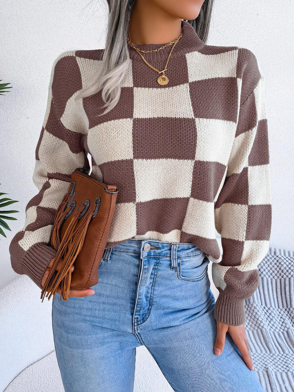 Black and white checkerboard knit mock neck sweater - View 21 | TEVQA