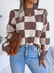 Black and white checkerboard knit mock neck sweater - View 21 | TEVQA