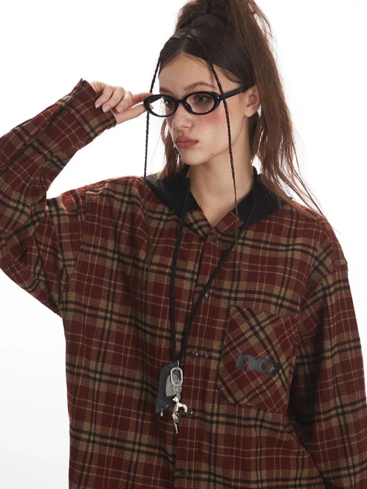 Vintage Red Plaid Hooded Flannel Shirt - TEVQA