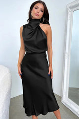 Satin Halter Neck Midi Dress - View 27 | TEVQA