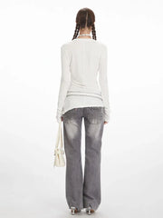 White Irregular Exposed Seam Long Sleeve Top - TEVQA