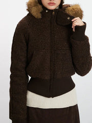 Vintage Chocolate Textured Bomber Jacket - TEVQA