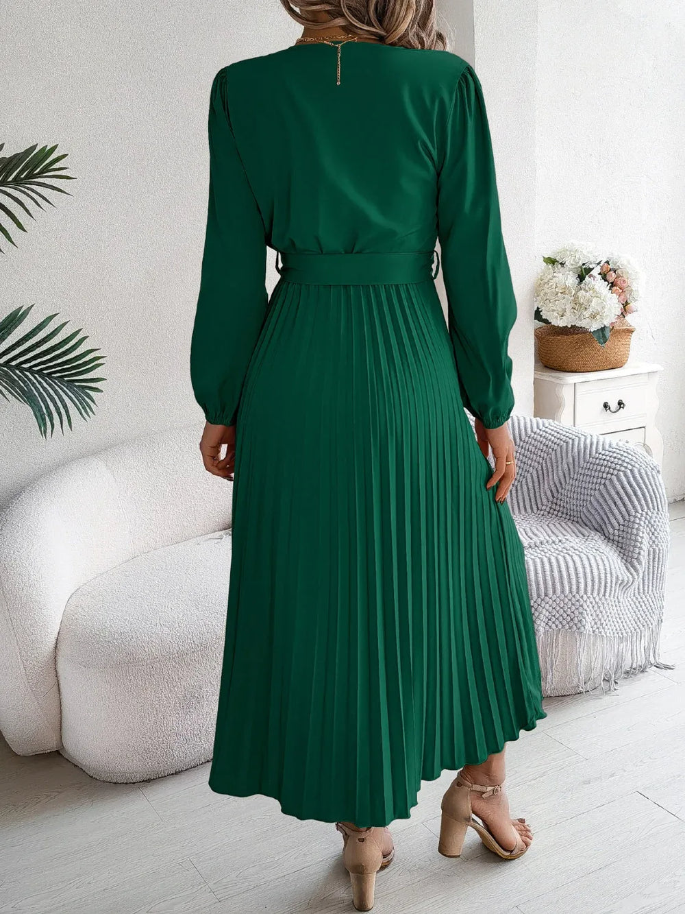 Vintage Khaki V-Neck Pleated Maxi Dress - TEVQA