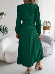 Vintage Khaki V-Neck Pleated Maxi Dress - TEVQA