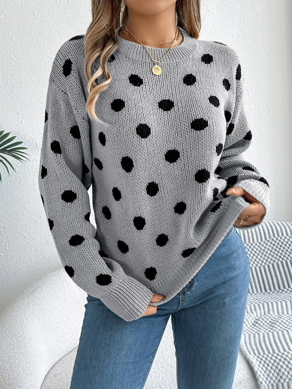 Camel Polka Dot Knit Sweater - View 16 | TEVQA