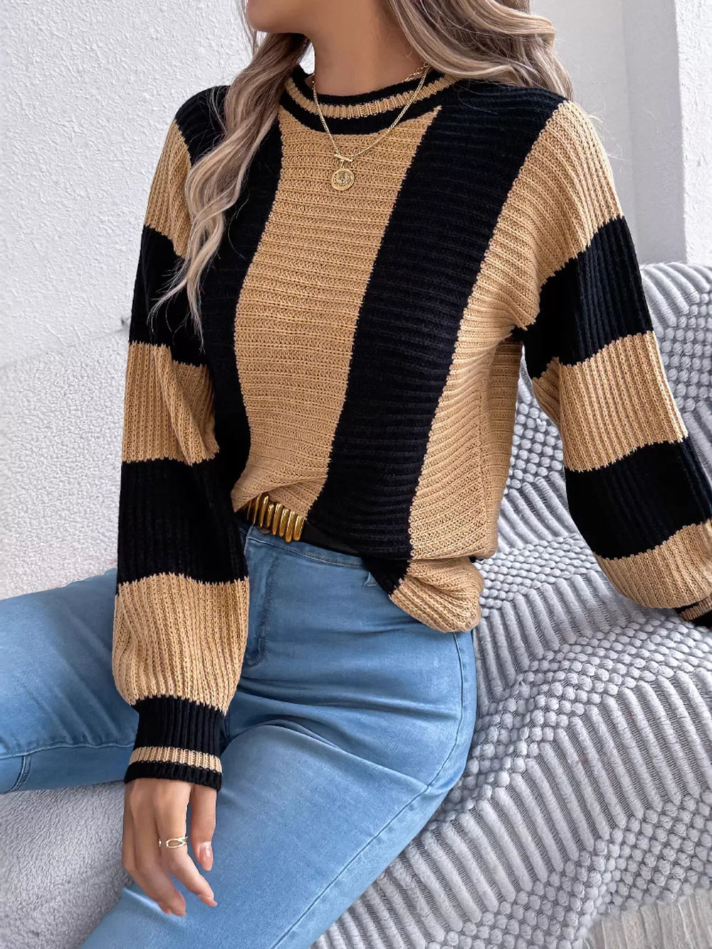 Vertical Stripe Knit Sweater - View 17 | TEVQA