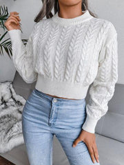 White Cable Knit Cinched Waist Crop Sweater - TEVQA