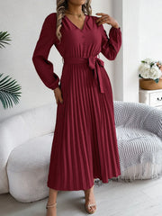 Vintage Khaki V-Neck Pleated Maxi Dress - TEVQA