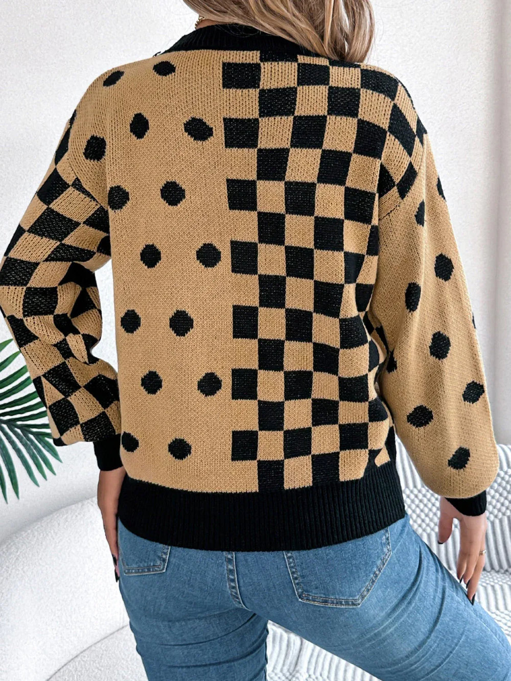 Gray Polka Dot & Checkerboard Knit Sweater - View 15 | TEVQA