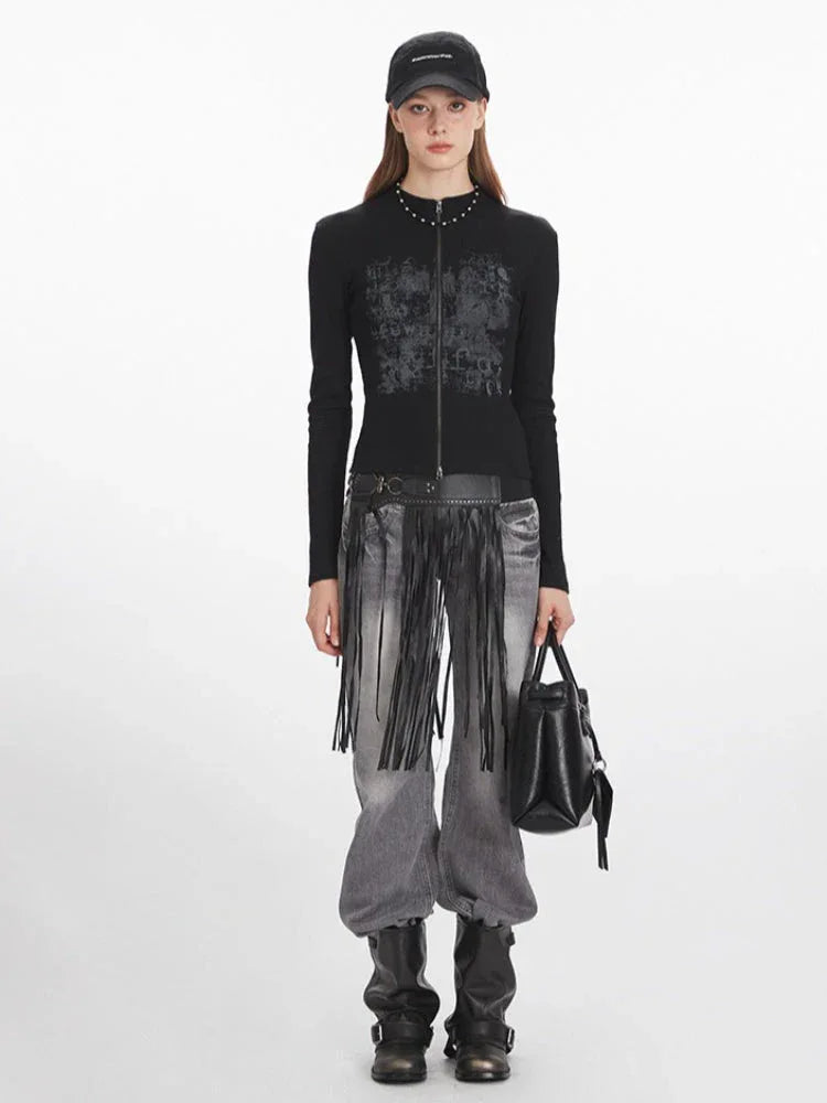 Y2K Grunge Distressed Zip-Up Top - TEVQA