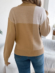 Modern Geometric Khaki Knit Sweater - TEVQA