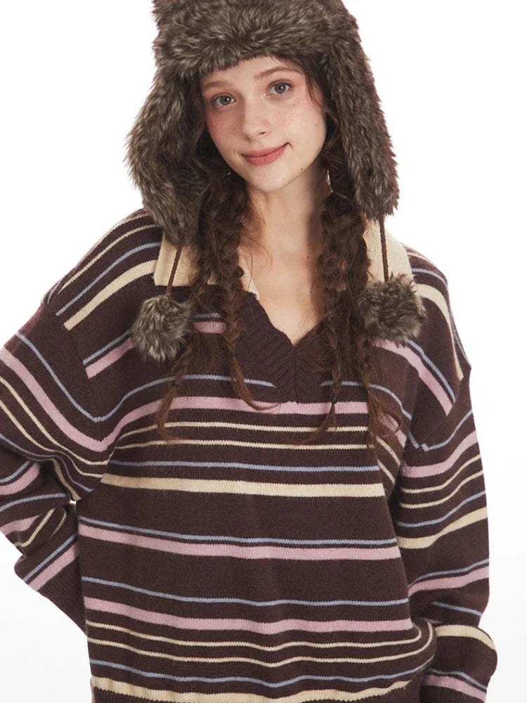 90s Retro Mocha & Berry Striped Polo Sweater - TEVQA