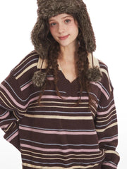 90s Retro Mocha & Berry Striped Polo Sweater - TEVQA