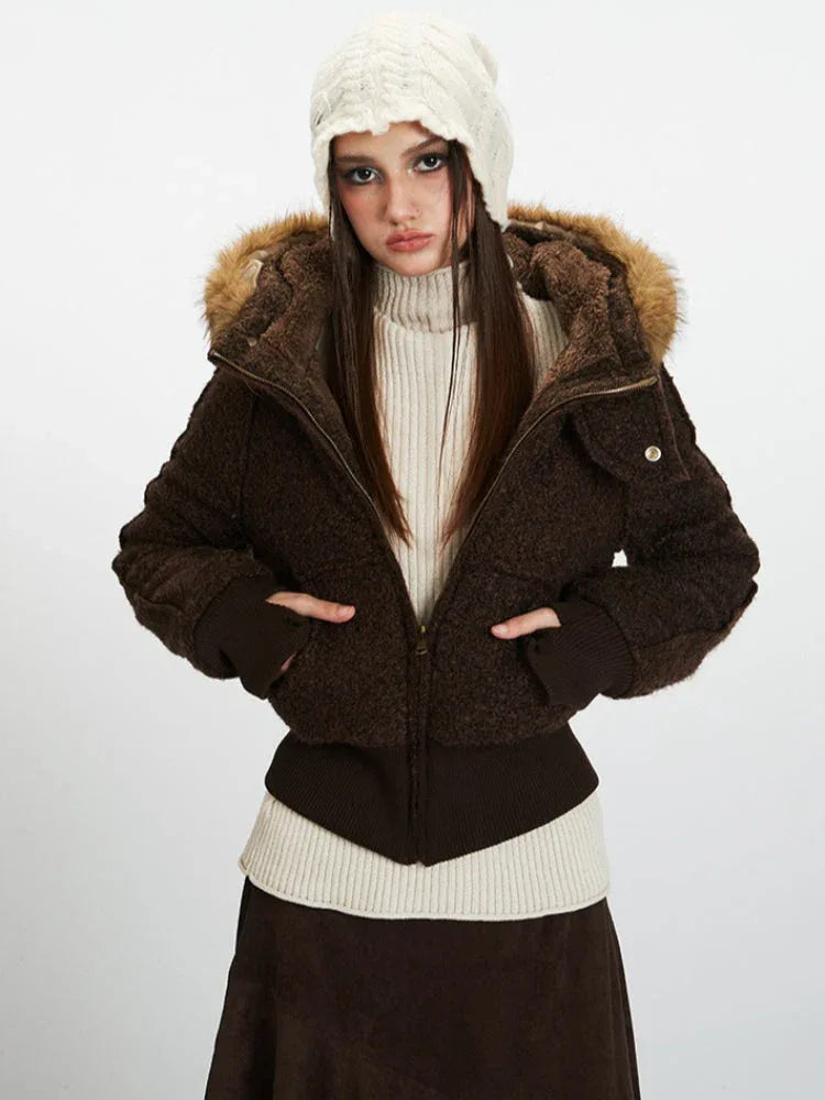 Vintage Chocolate Textured Bomber Jacket - TEVQA