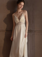 Lace Splicing Satin Robe & Slip Dress Set