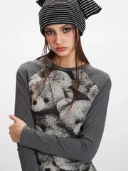 Vintage Grey Raglan Bear Graphic Top - TEVQA