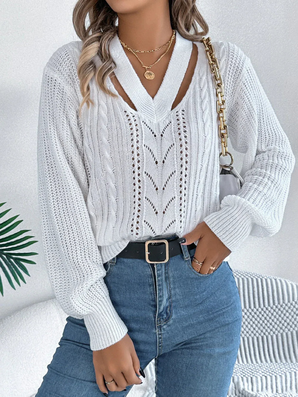 White Cutout V-Neck Cable Knit Sweater - TEVQA