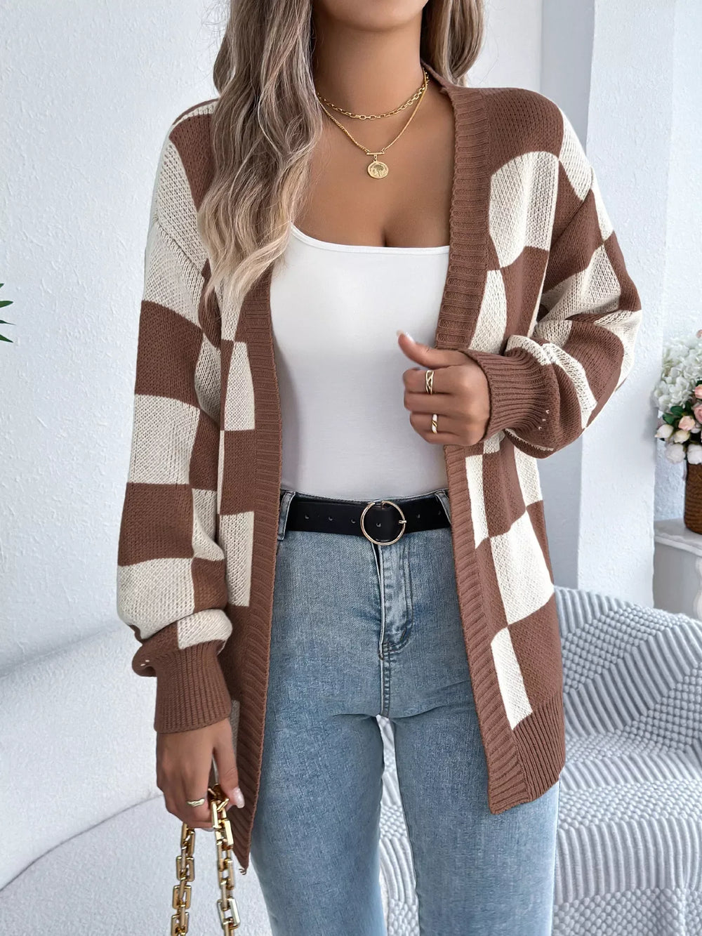 Burgundy Checkerboard Knit Cardigan - View 11 | TEVQA
