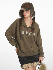 Vintage Olive 'Tribeca' Graphic Mock Neck Sweatshirt - TEVQA