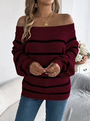 White Striped Off-Shoulder Knit Sweater - TEVQA