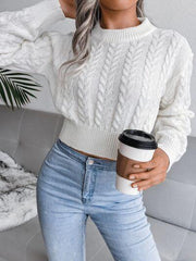White Cable Knit Cinched Waist Crop Sweater - TEVQA