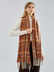Women's Oversized Plaid Scarf Soft Brushed Tartan Wrap with Fringe Tassels - Rust & Brown