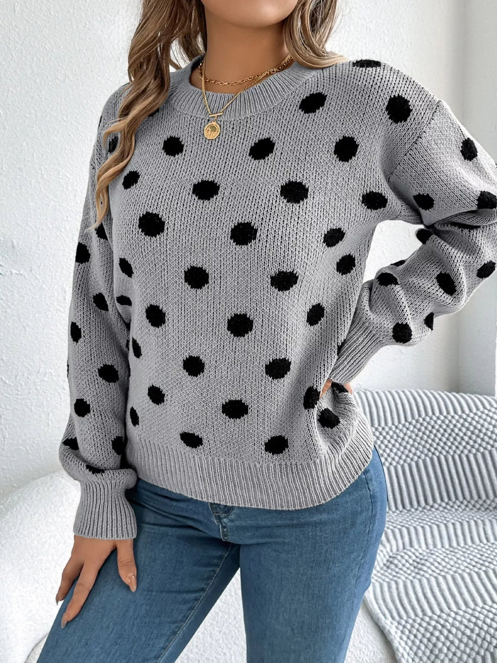 Camel Polka Dot Knit Sweater - View 17 | TEVQA