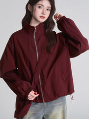 Burgundy Oversized Utility Zip-Up Windbreaker Jacket