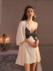 Contrast Lace Satin Robe & Slip Dress Set
