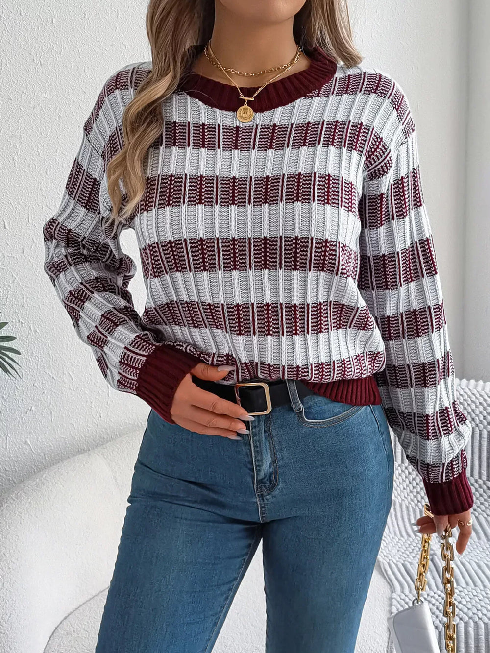Vintage Lantern Sleeve Knit Sweater - Burgundy - TEVQA