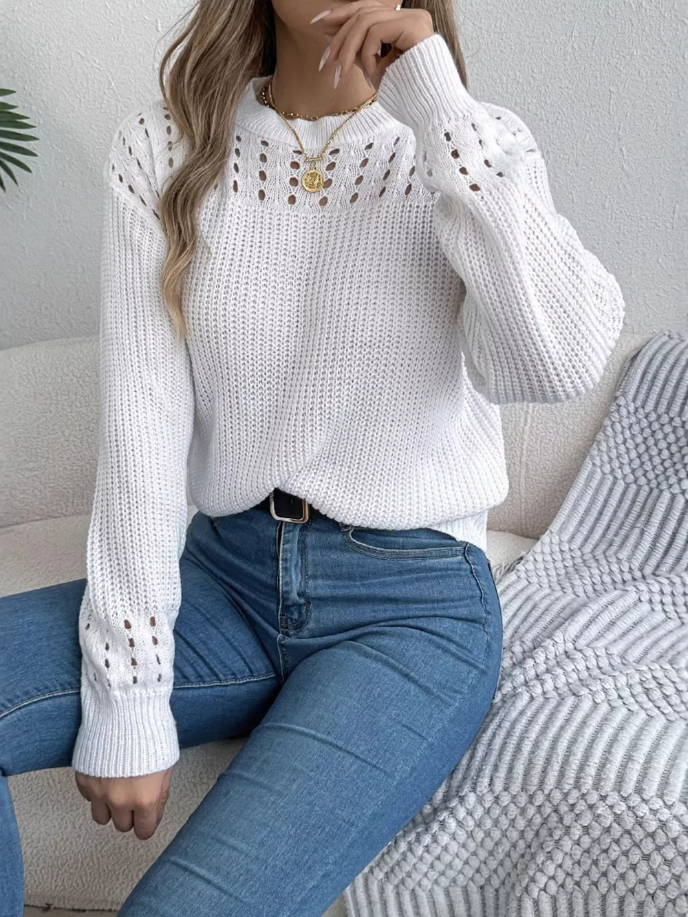 Burgundy Pointelle Knit Lantern Sleeve Sweater - View 11 | TEVQA