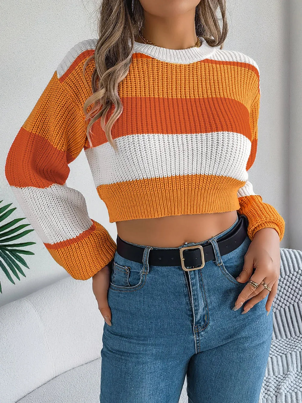 Sunset Boulevard Color Block Knit Crop Sweater - TEVQA