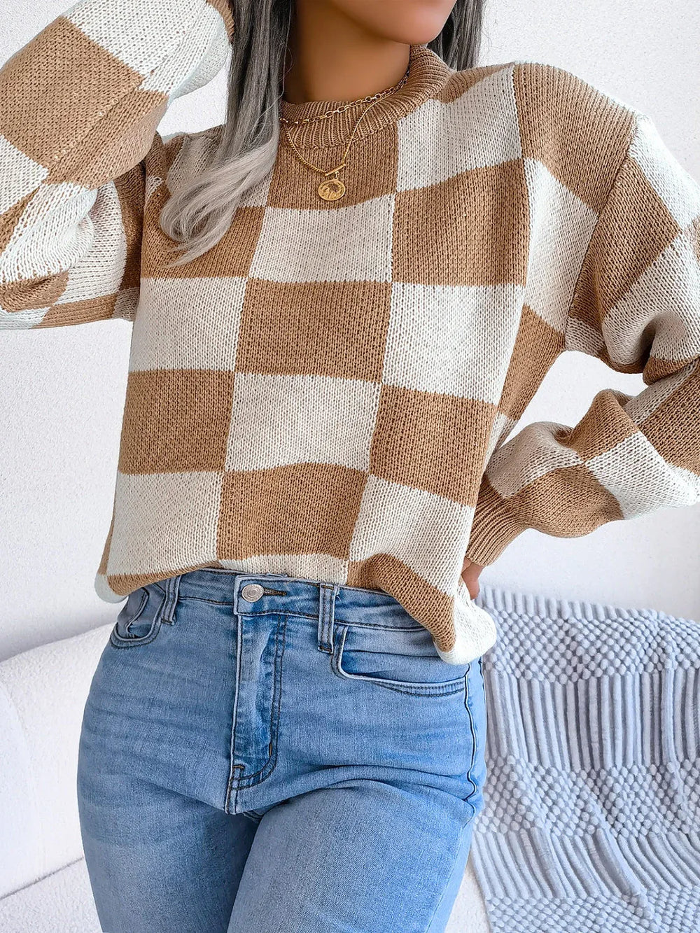 Black and white checkerboard knit mock neck sweater - View 12 | TEVQA