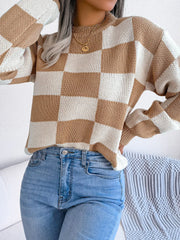 Black and white checkerboard knit mock neck sweater - View 12 | TEVQA
