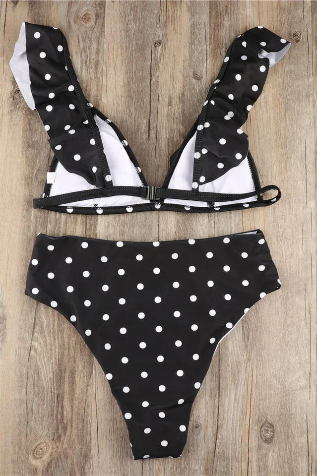 High Waist Polka Dot Bikini with Ruffle Trim - View 13 | TEVQA