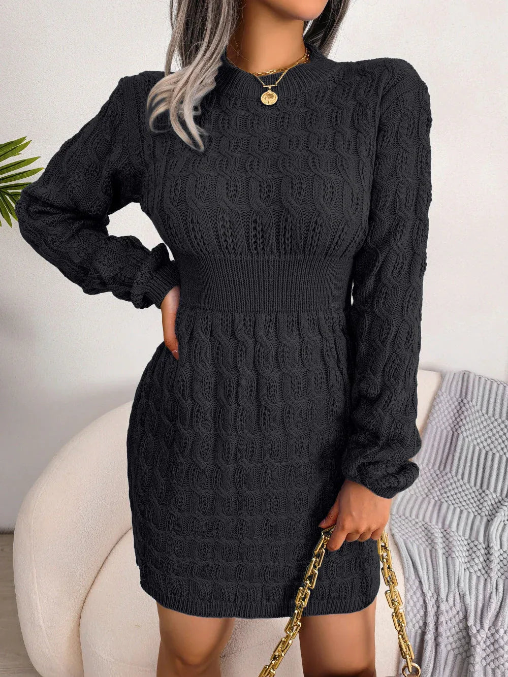 Cable Knit Mock Neck Mini Sweater Dress - View 6 | TEVQA
