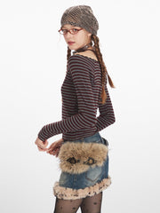 Vintage Burgundy Striped Off-Shoulder Top