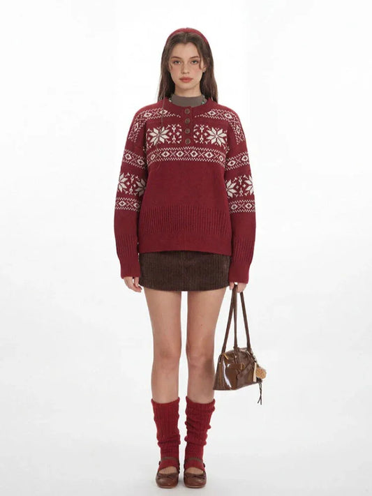 Vintage Red Fair Isle Henley Sweater - TEVQA