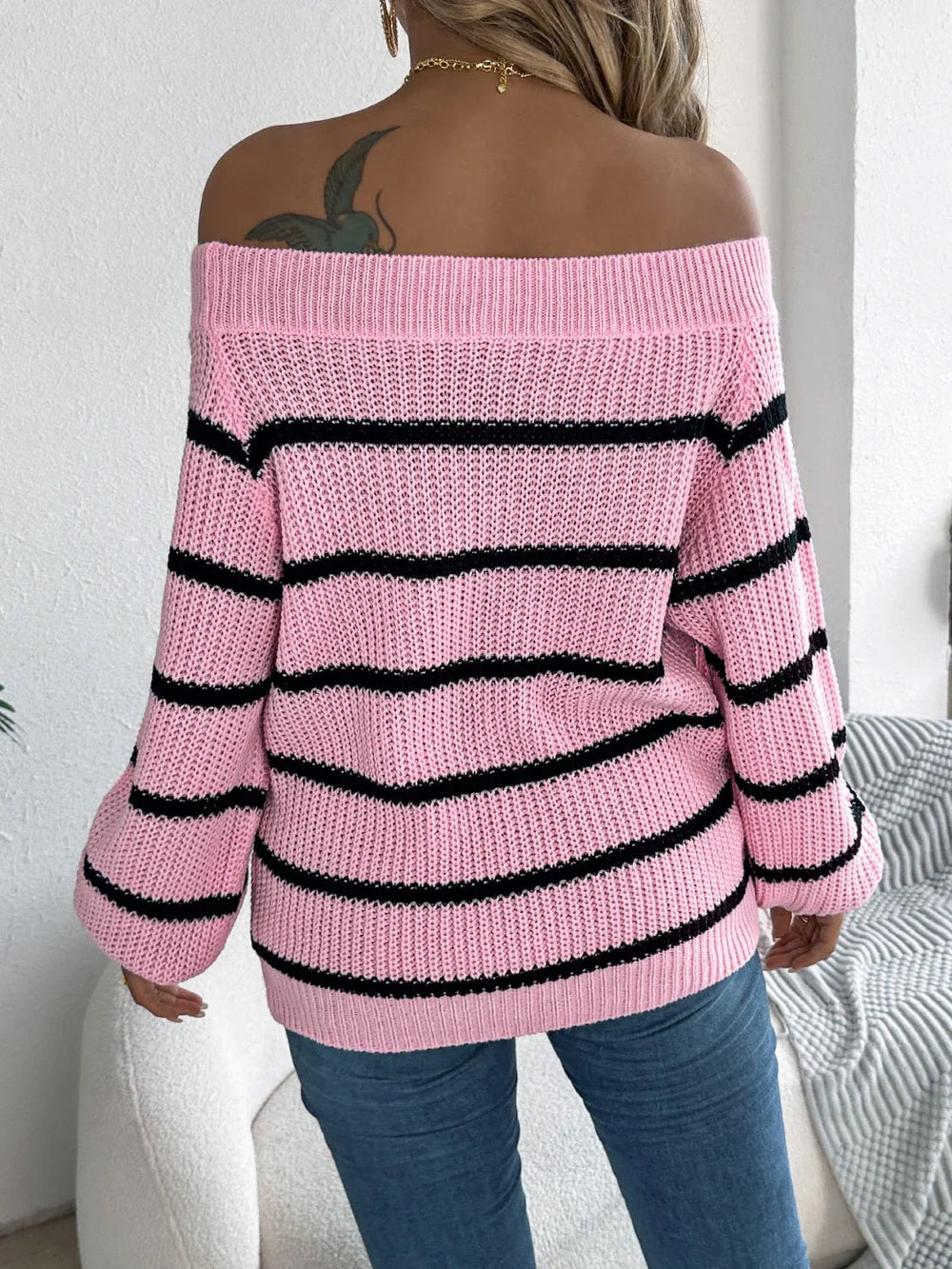 White Striped Off-Shoulder Knit Sweater - TEVQA