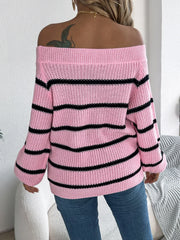 White Striped Off-Shoulder Knit Sweater - TEVQA