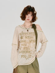 Vintage Graphic Cold Shoulder Layered Top - Beige