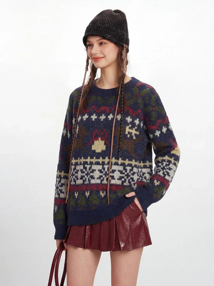 Vintage Navy Fair Isle Holiday Sweater - TEVQA