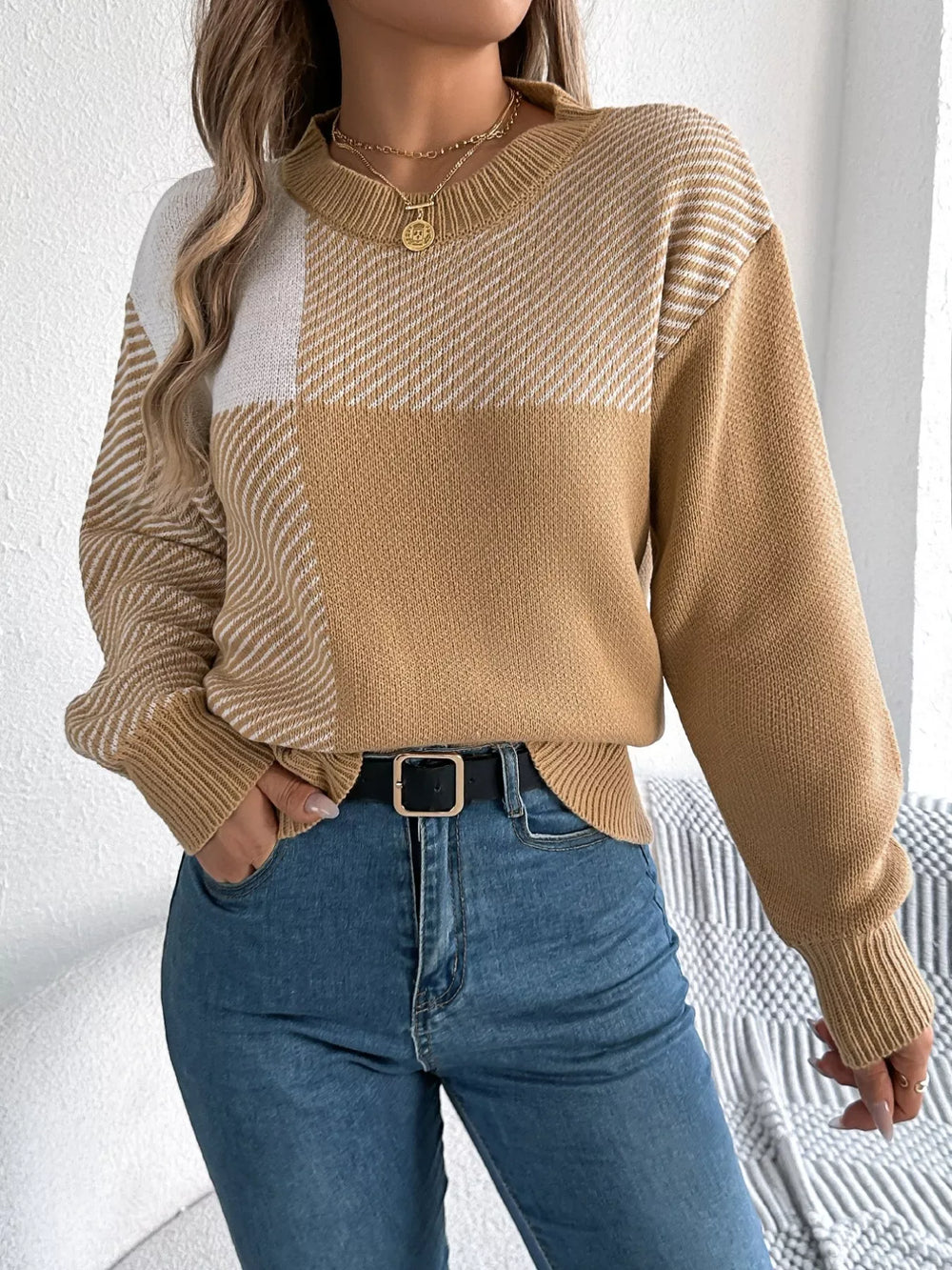 Modern Geometric Khaki Knit Sweater - TEVQA