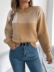 Modern Geometric Khaki Knit Sweater - TEVQA