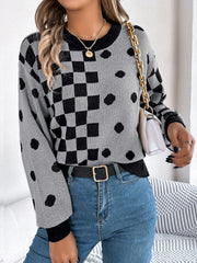 Chic Gray Polka Dot & Checkerboard Knit Sweater