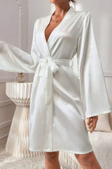 White Satin Bride Robe with Gold Embroidery & Crown, Wedding Day Kimono - Bridal Party Gift - TEVQA