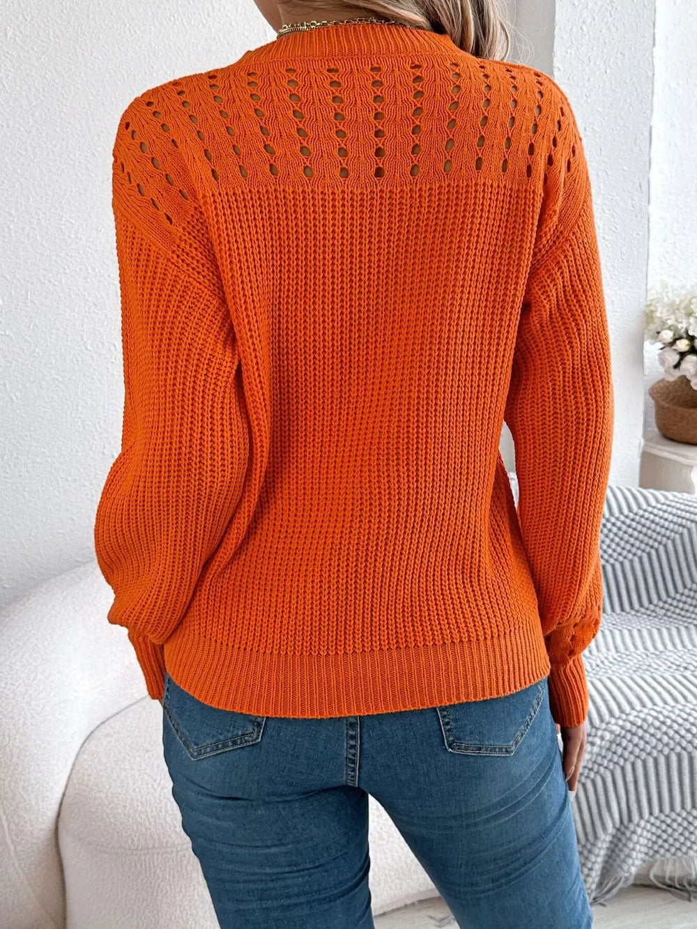 Burgundy Pointelle Knit Lantern Sleeve Sweater - View 7 | TEVQA