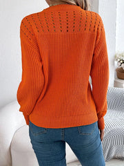 Burgundy Pointelle Knit Lantern Sleeve Sweater - View 7 | TEVQA