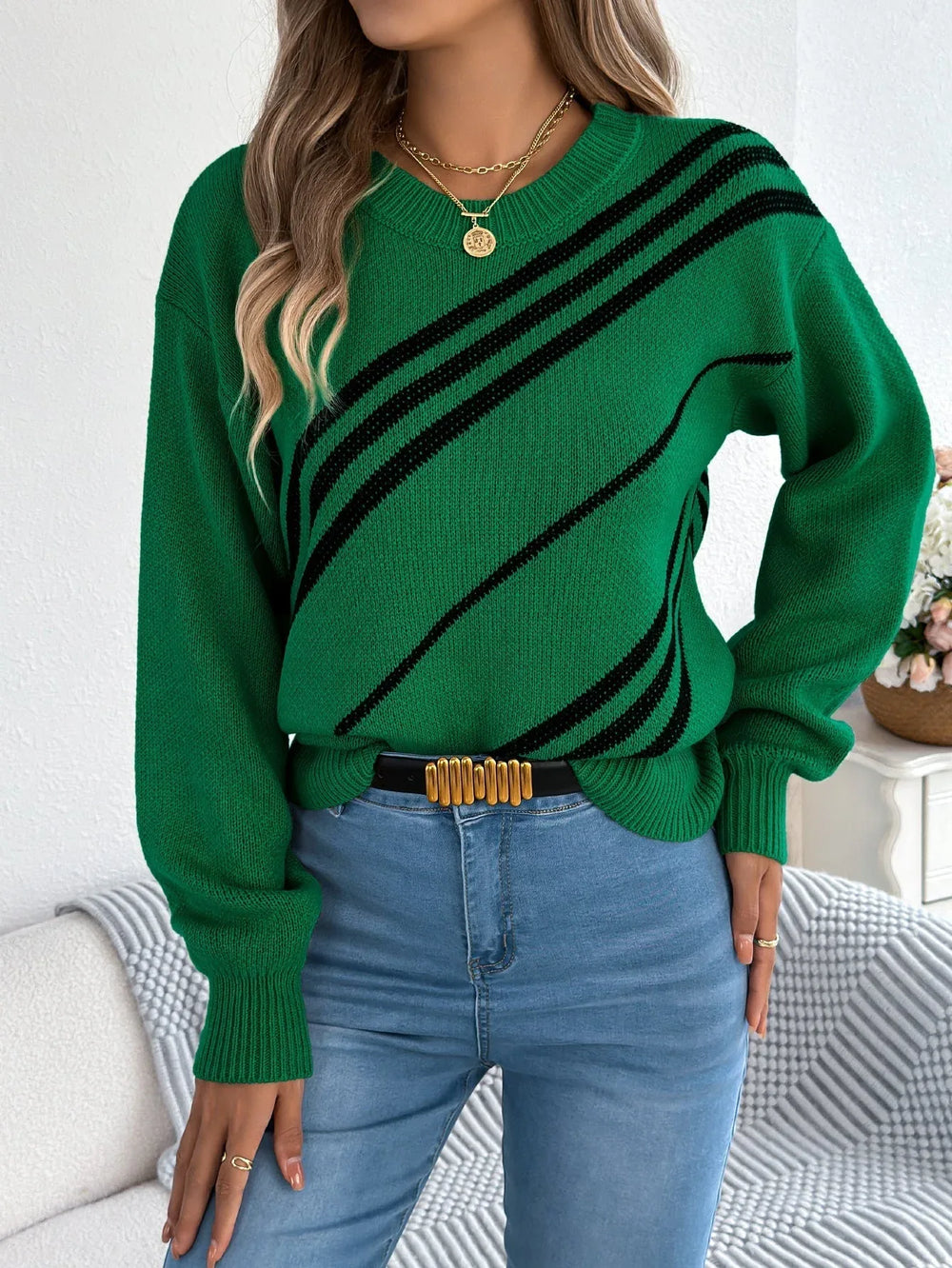 Crimson Vogue Diagonal Stripe Knit Sweater - View 9 | TEVQA