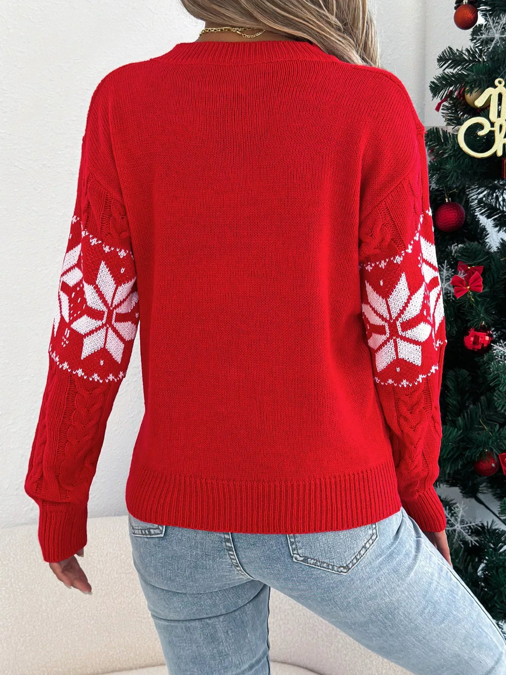 Emerald Green Snowflake Cable Knit Sweater - View 8 | TEVQA